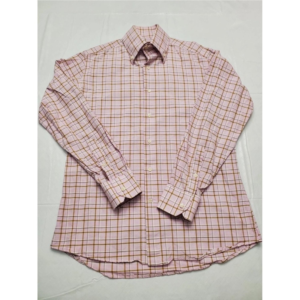 Franceschini Shirt Mens 15.5 Pink Brown Plaid Button Down Italy Dress Preppy